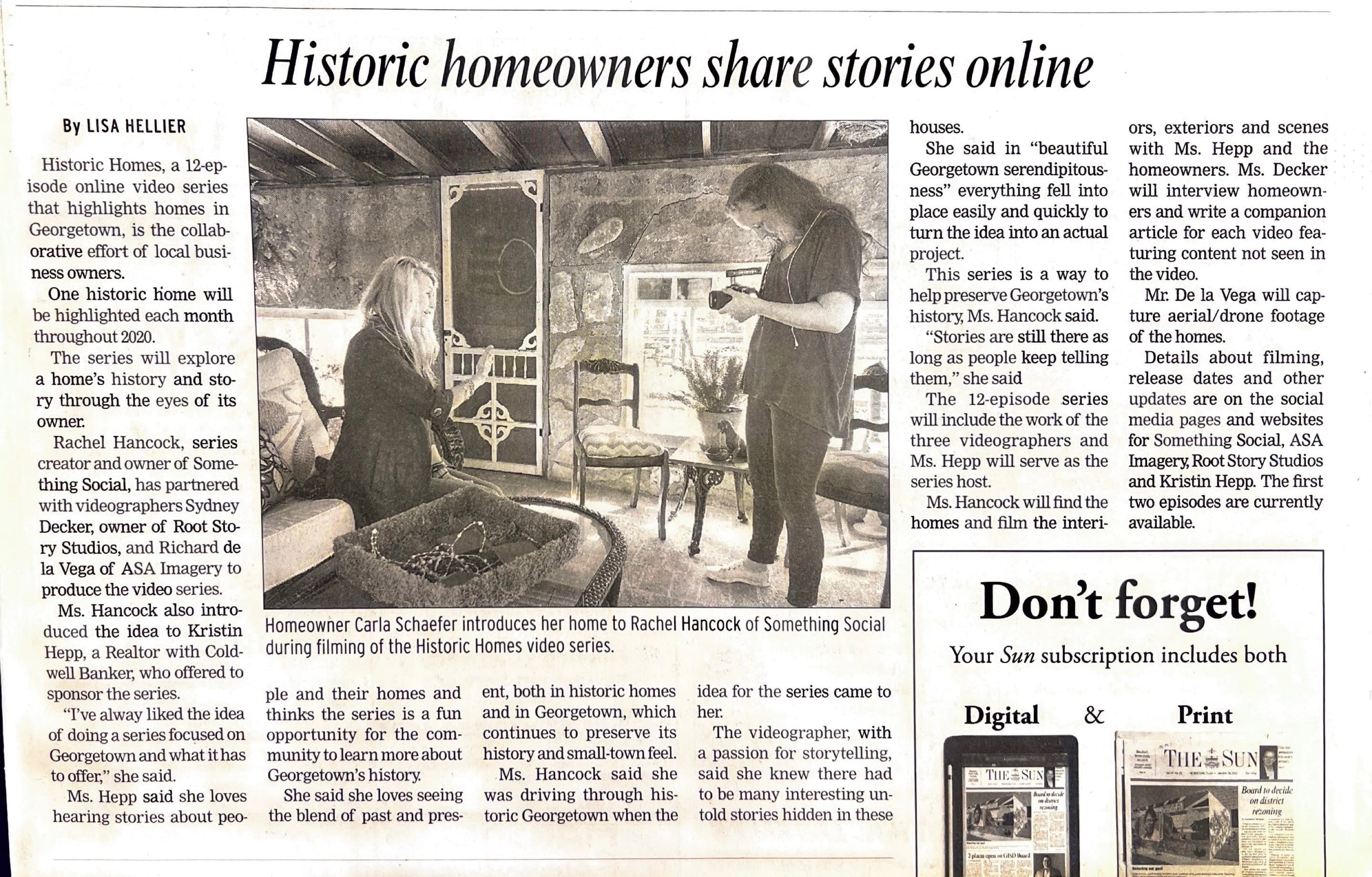 Newspaper article: Historic homeowners share stories online — Rachel's Something Social video series