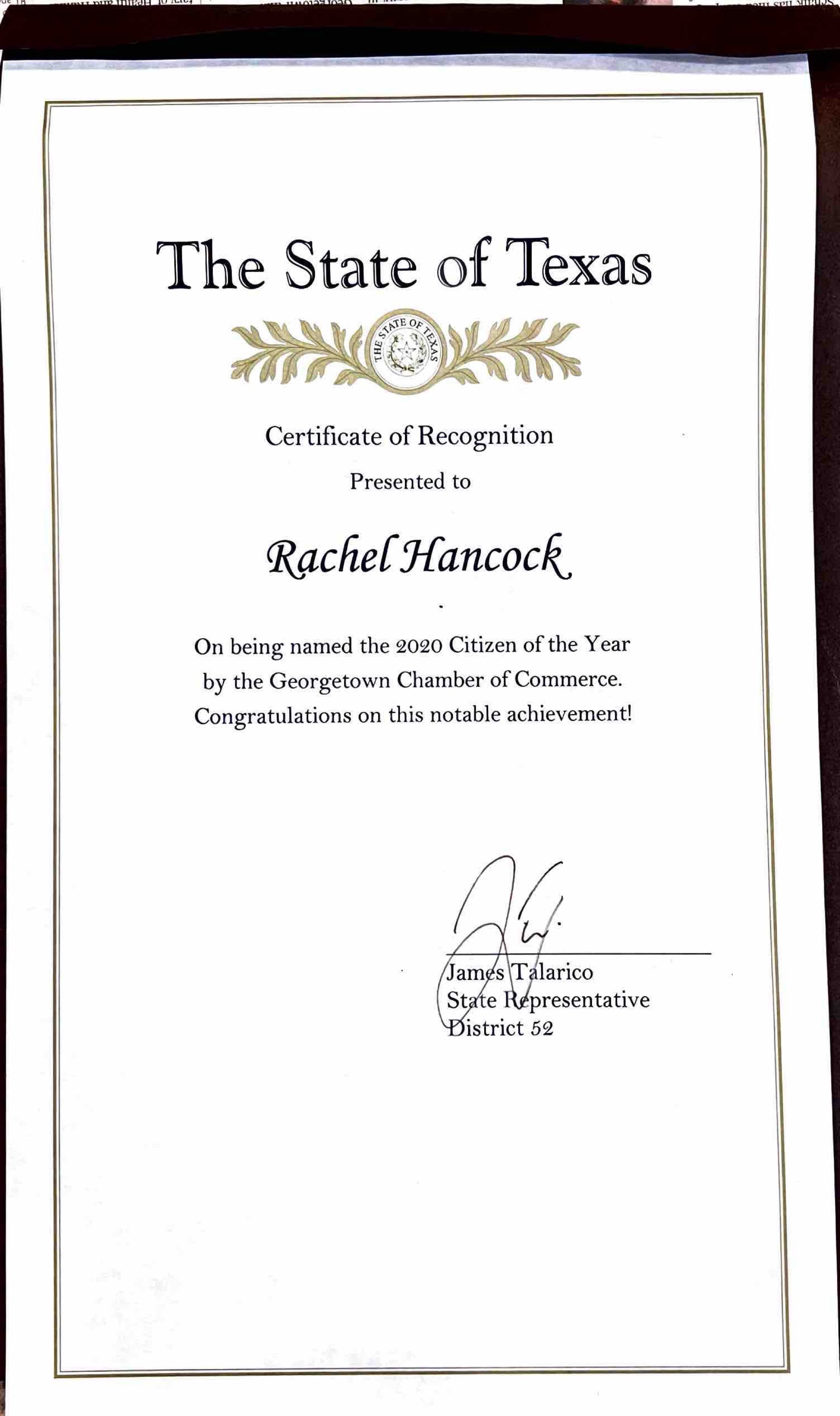 State of Texas Certificate of Recognition presented to Rachel Hancock by State Representative James Talarico